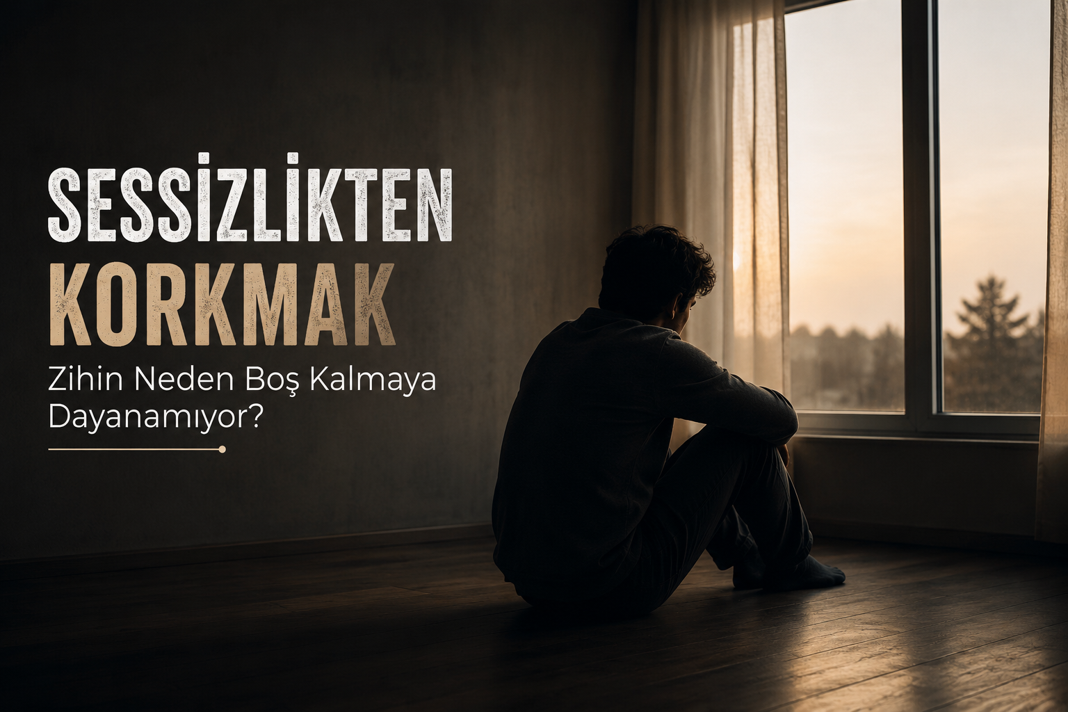 Sessizlikten korkmak temasını yansıtan, pencere kenarında yalnız oturan ve düşüncelere dalmış bir insanı gösteren sinematik görsel
